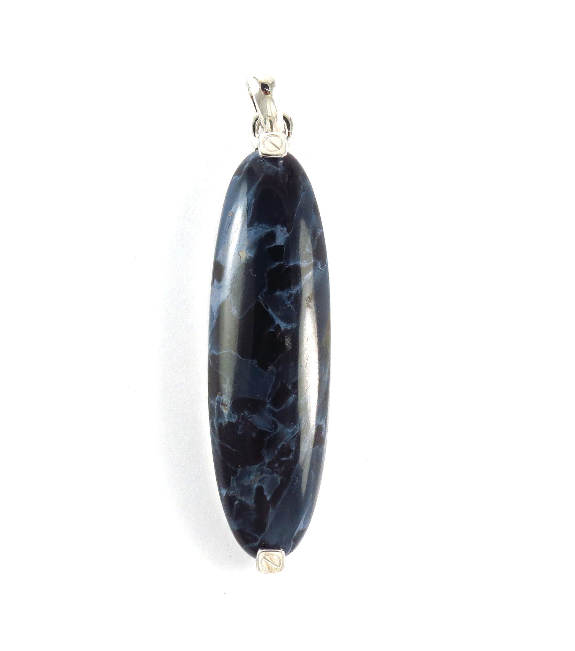 Close up of Piertersite oblong gemstone pendant. 