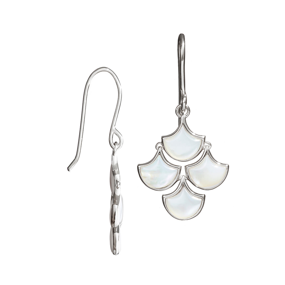 Side and front view of Jan Leslie's Koi Cascade Moving Mother of Pearl Earring Petite in white mother of pearl on silver. 