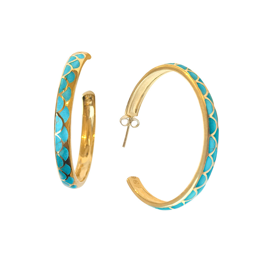 Koi Cascade Gemstone Sterling Silver Hoop Earrings in turquoise on gold I Jan Leslie Cufflinks and Accessories. 