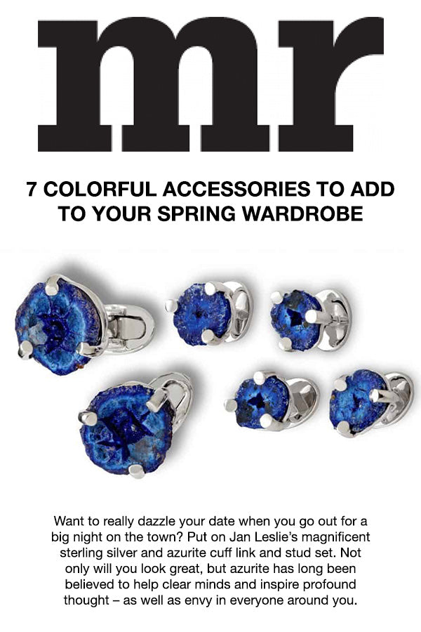 Mr Magazine article featuring Azurite Geode Sterling Silver Cufflinks and Tuxedo Studs. Jan Leslie 