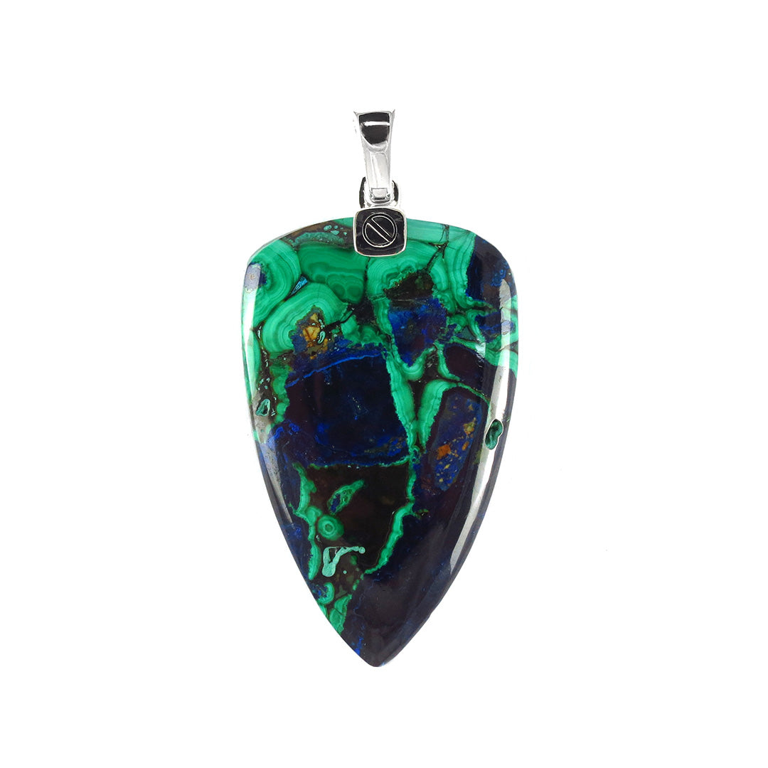 Close up of zurite Malachite One-of-a-Kind Arrow Pendant Sterling Silver pendant.  