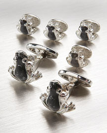 Close up top view of the Enamel Frog Sterling Silver Tuxedo Formal Set - Cufflinks and Studs. 