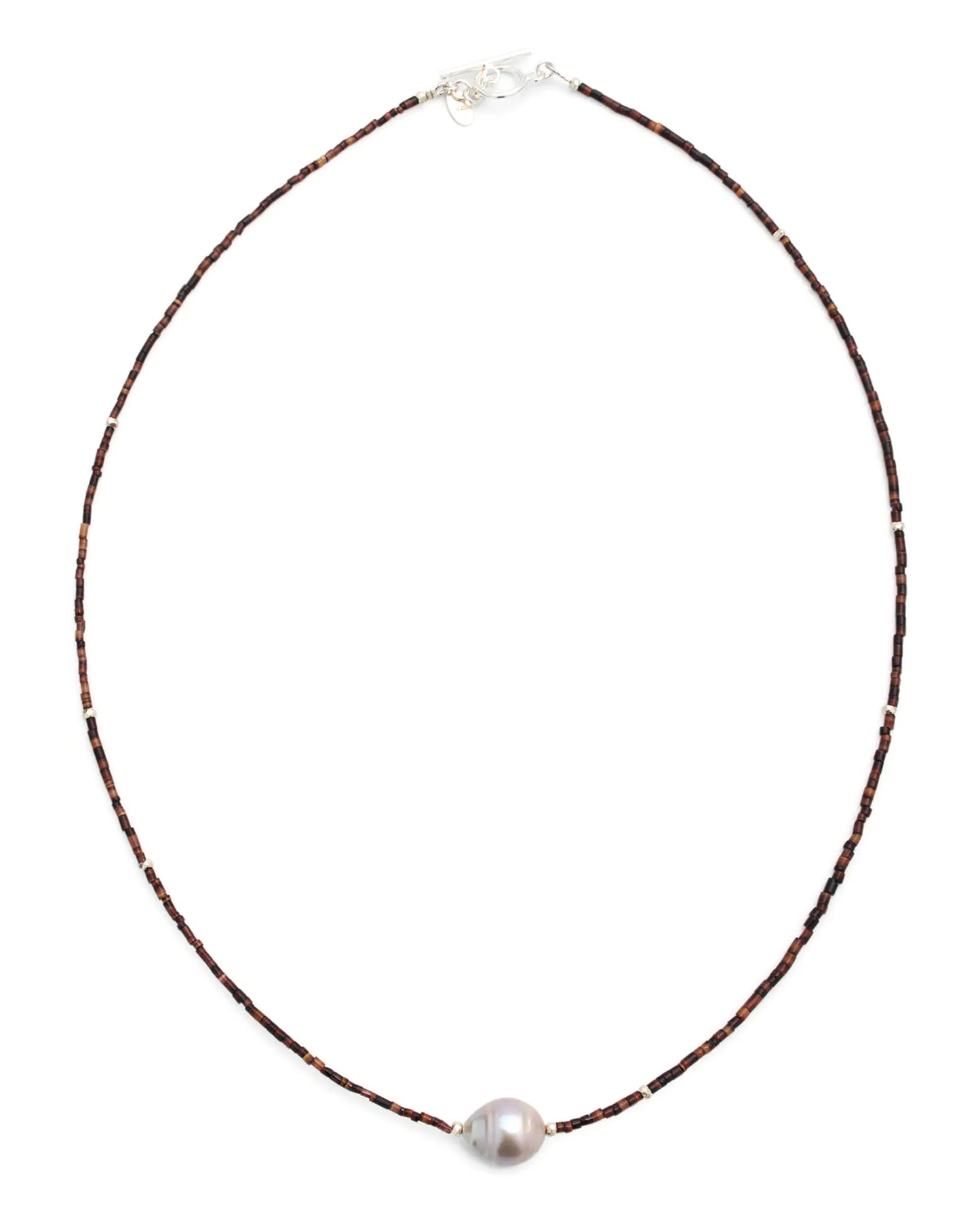 Full picture of the Freshwater Pearl Center Chocolate Shell Beaded Necklace with Sterling Silver Accents. 