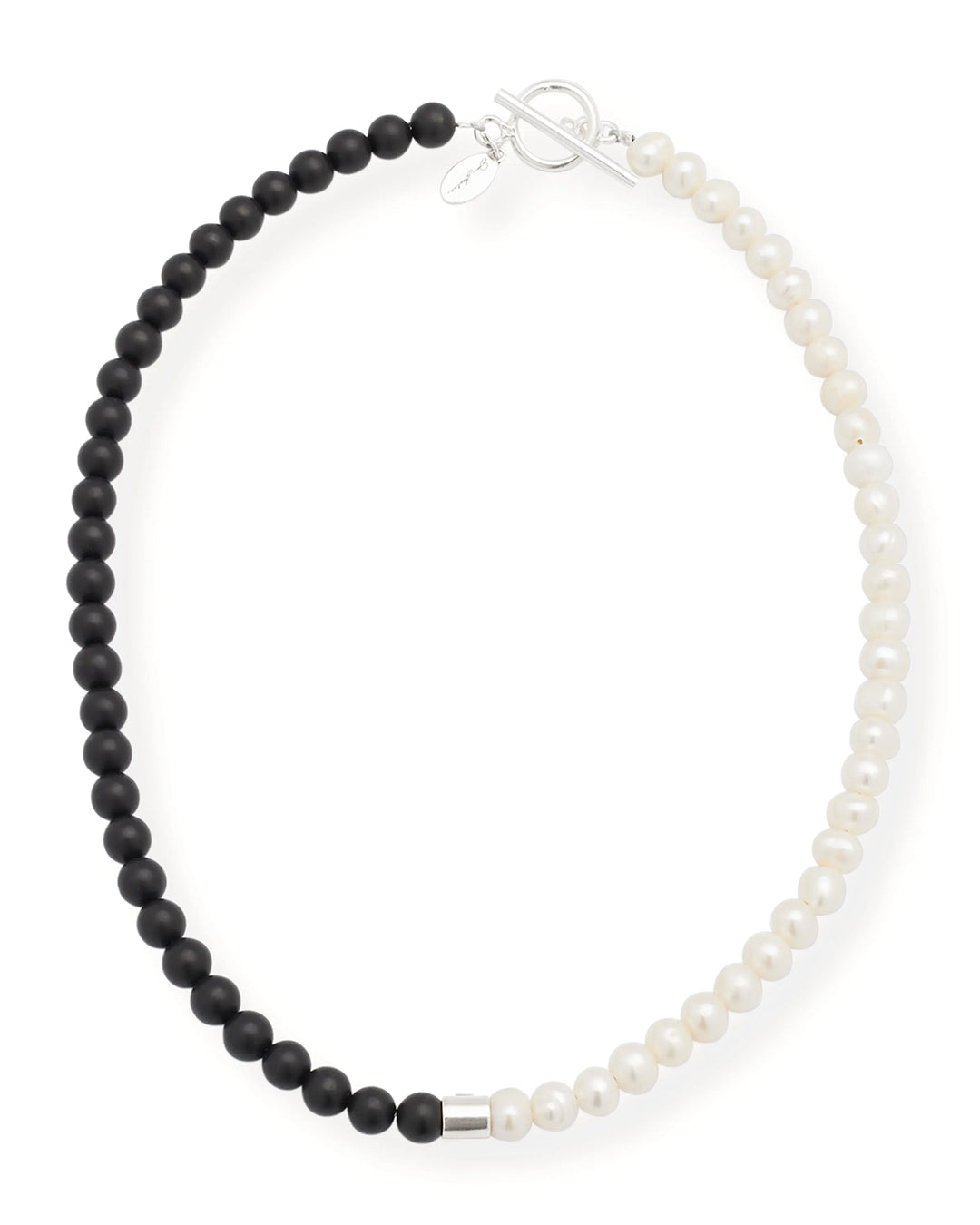 Close up of the Diamond Accent Sterling Silver Freshwater Pearl & Black Agate Bead Necklace. 