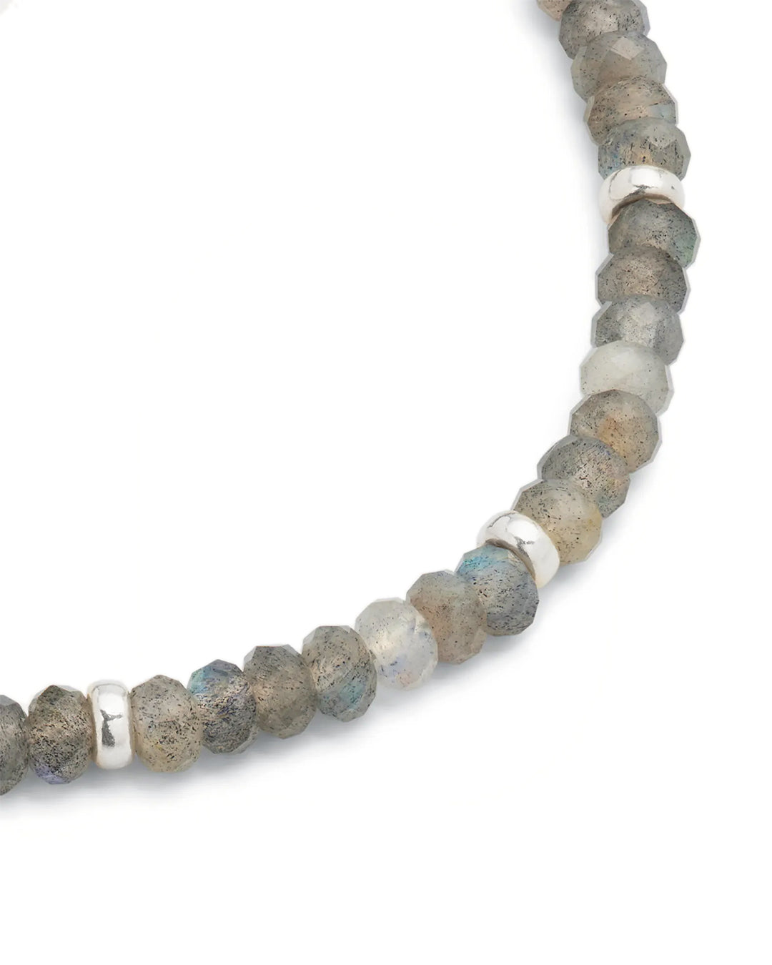 Close up of the labradorite gemstone beads and sterling silver spacers on the Labradorite Beaded Necklace with Sterling Silver Spacers and Toggle Closure. 