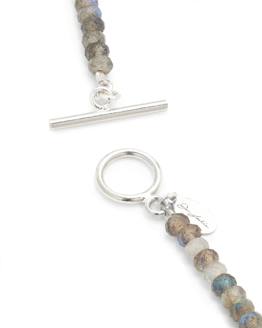 Close up of the toggle closure on the Labradorite Beaded Necklace with Sterling Silver Spacers and Toggle Closure. 