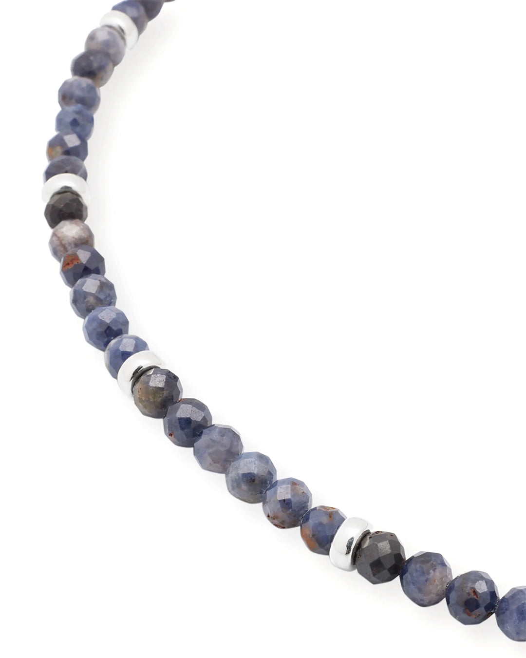 Close up of the faceted sapphire beads and sterling silver spacers on the Blue Sapphire Beaded Necklace with Sterling Silver Accents and Toggle Closure. Jan Leslie Cufflinks and Accessories. 