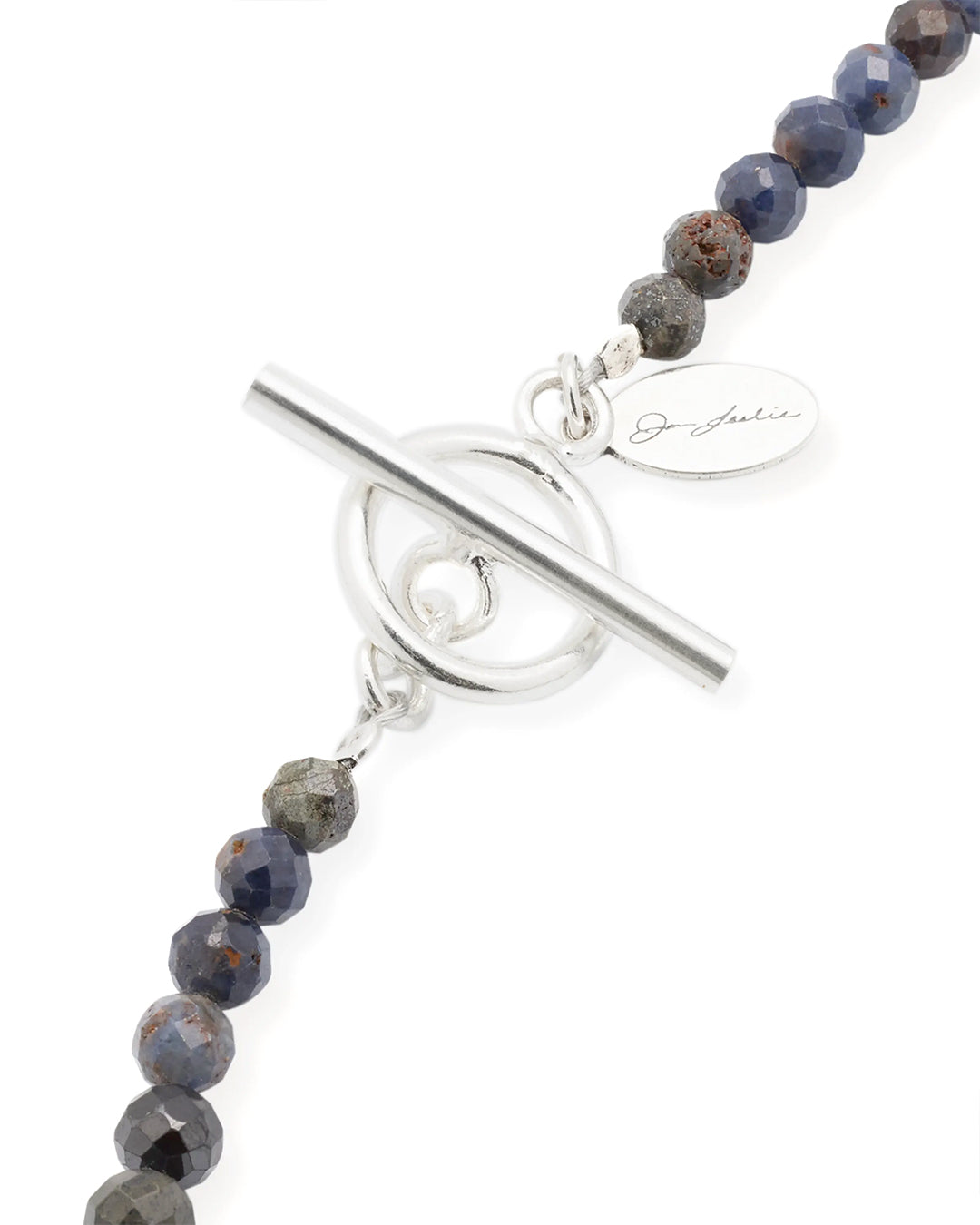 Close up of the sterling silver toggle closure on the Blue Sapphire Beaded Necklace with Sterling Silver Accents and Toggle Closure. Jan Leslie Cufflinks and Accessories. 