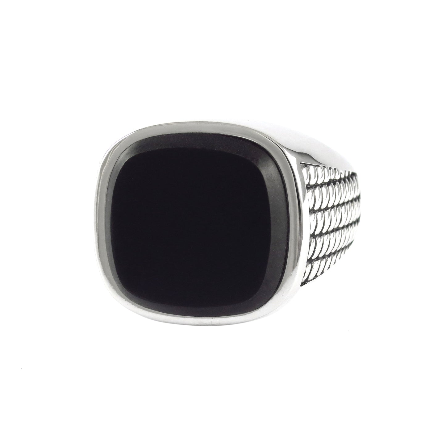 Front view of the Cross Etched Black Onyx Sterling Silver Ring. 