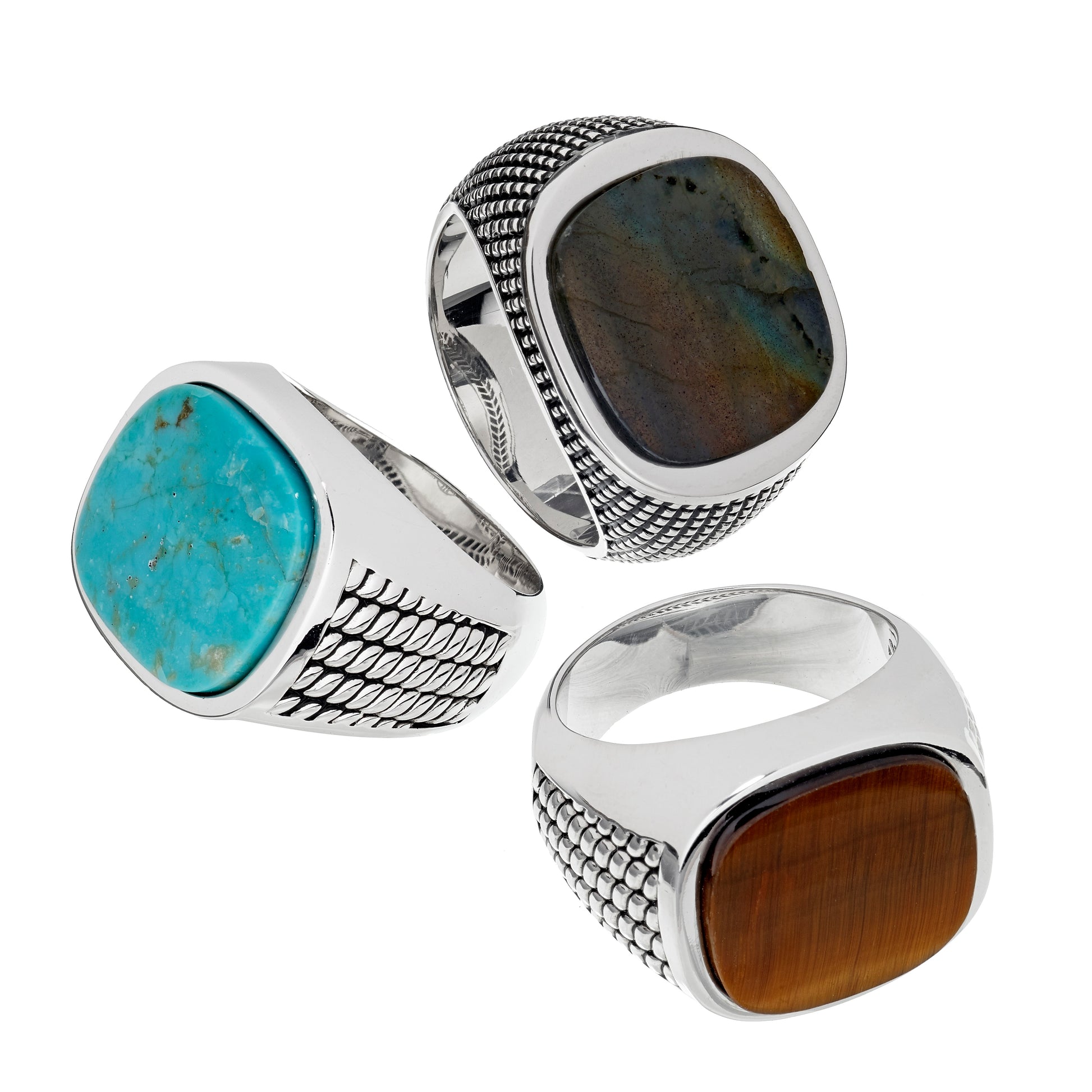 Group shot of Cross Etched Gemstone Sterling Silver Rings. 