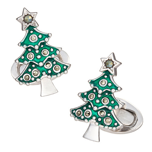 Christmas Tree Cufflinks in Enamel and Marcasite - Jan Leslie Cufflinks and Accessories