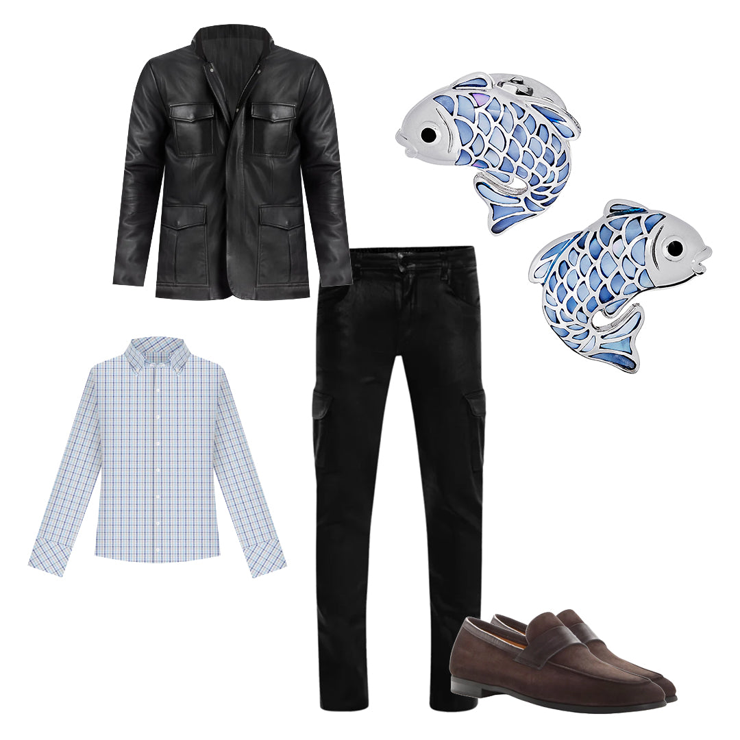 How to wear outfit board featuring Koi Fish with Mother of Pearl & Sterling Silver Cufflinks. From top to bottom: Black leather jacket with pockets, mens check patterned button down, black jeans, Koi Fish with Mother of Pearl & Sterling Silver Cufflinks, and brown loafers. 