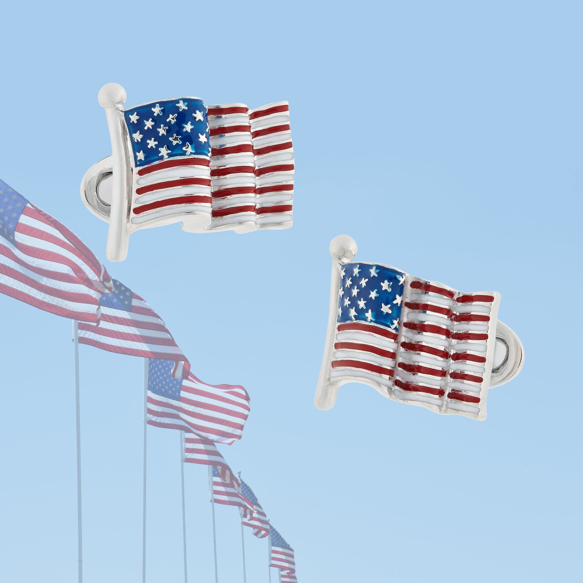 American Flag Sterling Silver Cufflinks on flag background 