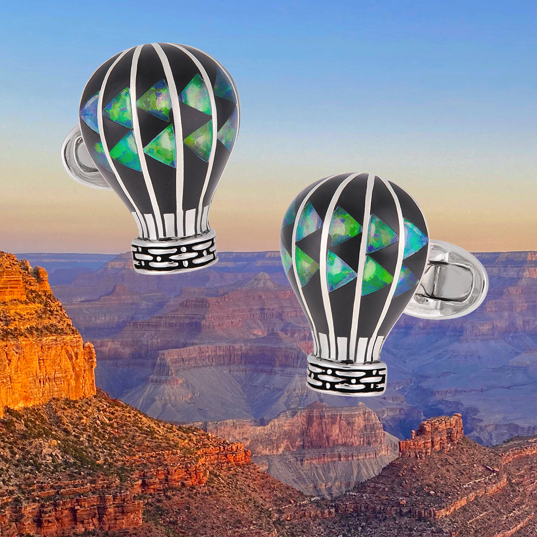 Gemstone Hot Air Balloon Sterling Silver Cufflinks staged on a picture of the Grand Canyon background. 