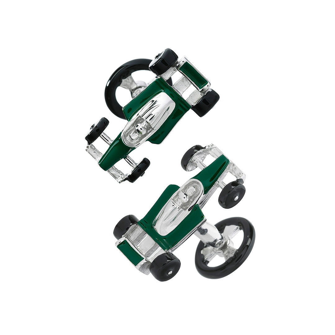 Formula One Race Car Sterling Silver Cufflinks in green enamel I Jan Leslie Cufflinks and Accessories. 