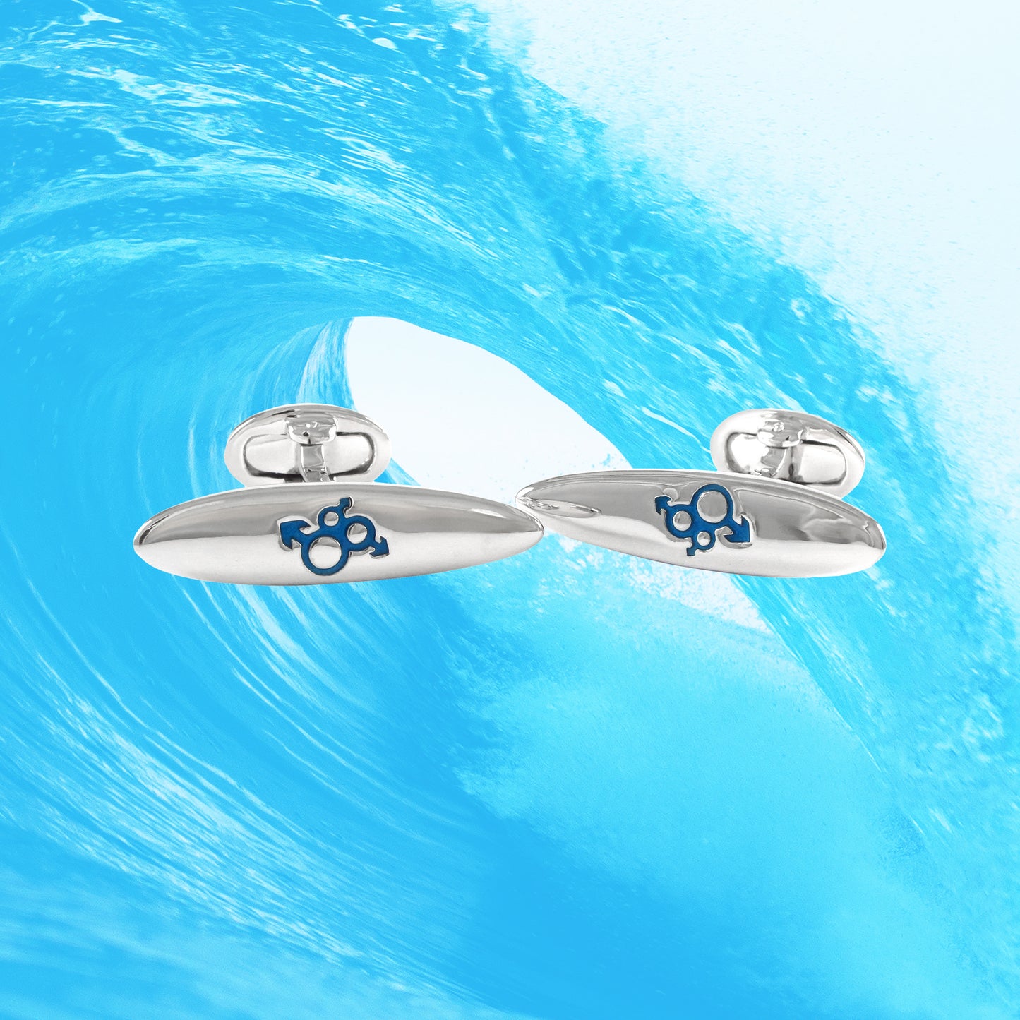 Enamel Retro Surfboard Sterling Silver Cufflinks- Jan Leslie. Venus design on wave background. 