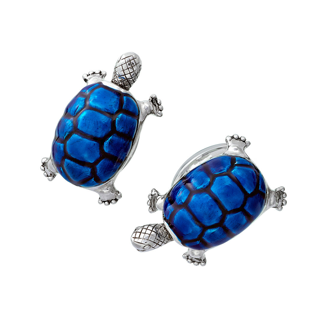 Smiling Enamel Shell Turtle Sterling Silver Cufflinks in blue I Jan Leslie Cufflinks and Accessories.