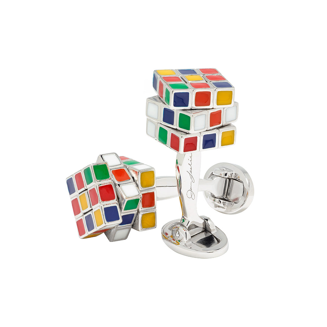 Moving Puzzle Cube Multi Color Enamel & Sterling Silver Cufflinks | Jan Leslie Cufflinks and Accessories. 