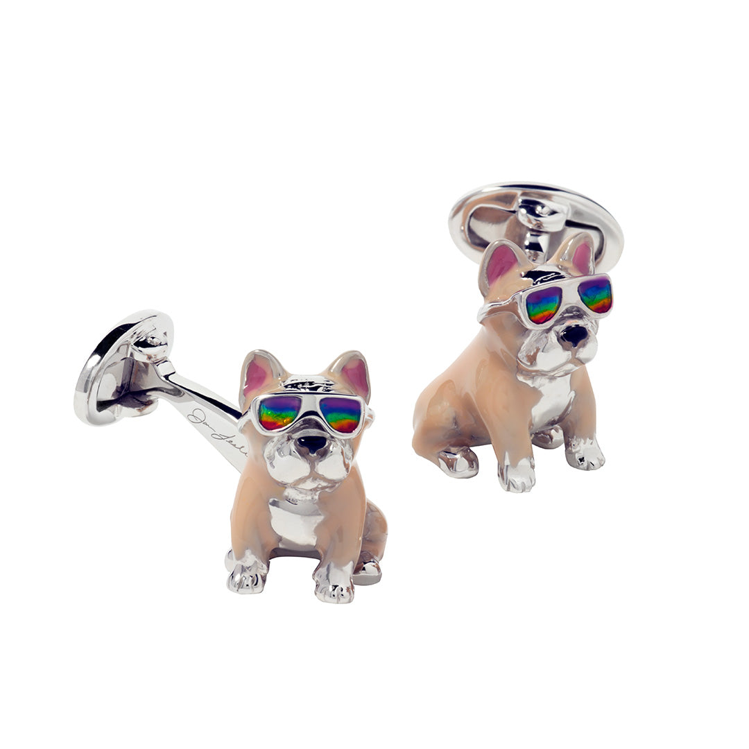 French Bulldog with Hand-painted Enamel & Sterling Silver Cufflinks in light brown I Jan Leslie Cufflinks and Accessories. French bulldogs are wearing silver glasses with rainbow mirrored lenses.