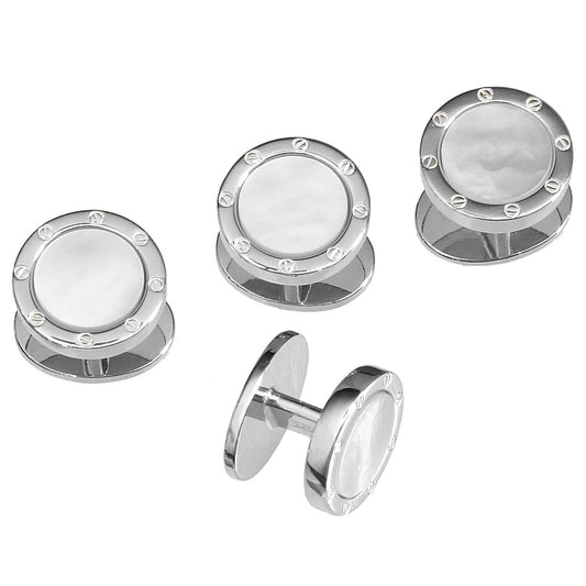 White Mother of Pearl Etch Detail Sterling Tuxedo Studs