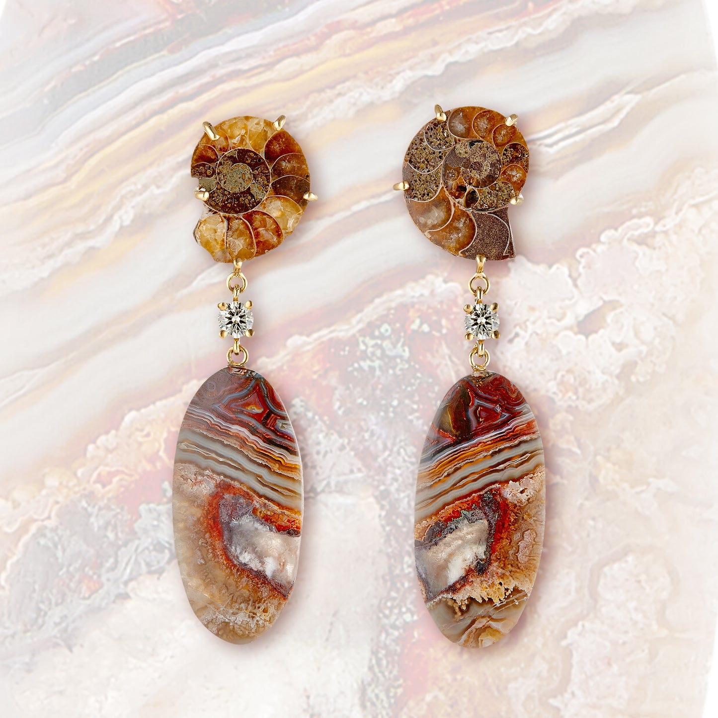 Atacama 18K Gold One of a Kind Gemstone Earrings on a crazy lace agate background. 