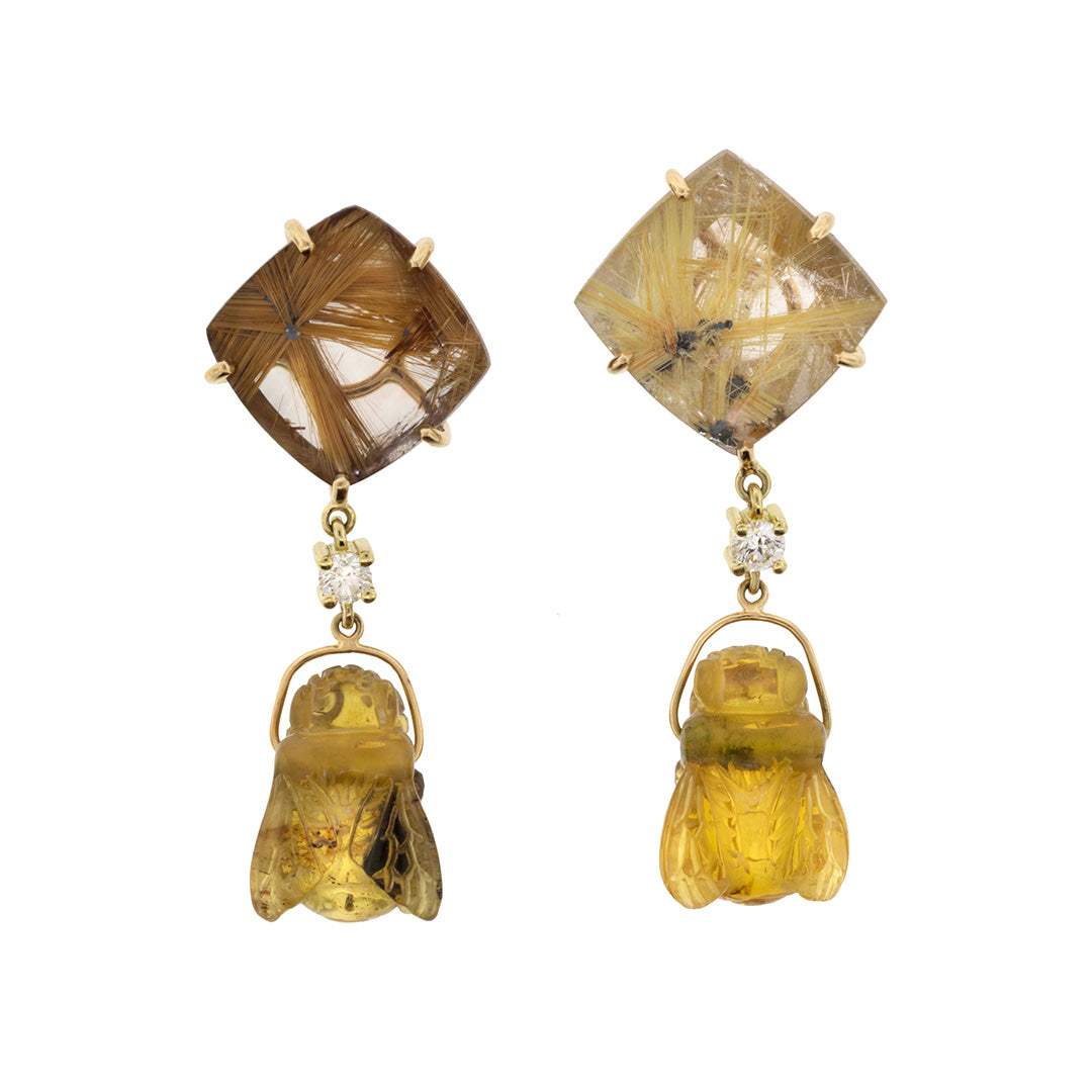 Formentera 18K Gold One of a Kind Gemstone Earrings I Jan Leslie Bespoke Earrings. Top gemtsone: Gold Star Rutilated Quartz, bottom gemstone: Hand Carved Citrine Bees. Middle Gemstone: Diamonds. 