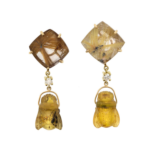 Formentera 18K Gold One of a Kind Gemstone Earrings I Jan Leslie Bespoke Earrings. Top gemtsone: Gold Star Rutilated Quartz, bottom gemstone: Hand Carved Citrine Bees. Middle Gemstone: Diamonds. 