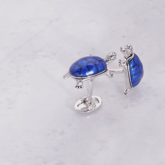 180 video of the Smiling Enamel Shell Turtle Sterling Silver Cufflinks in blue I Jan Leslie Cufflinks and Accessories. 