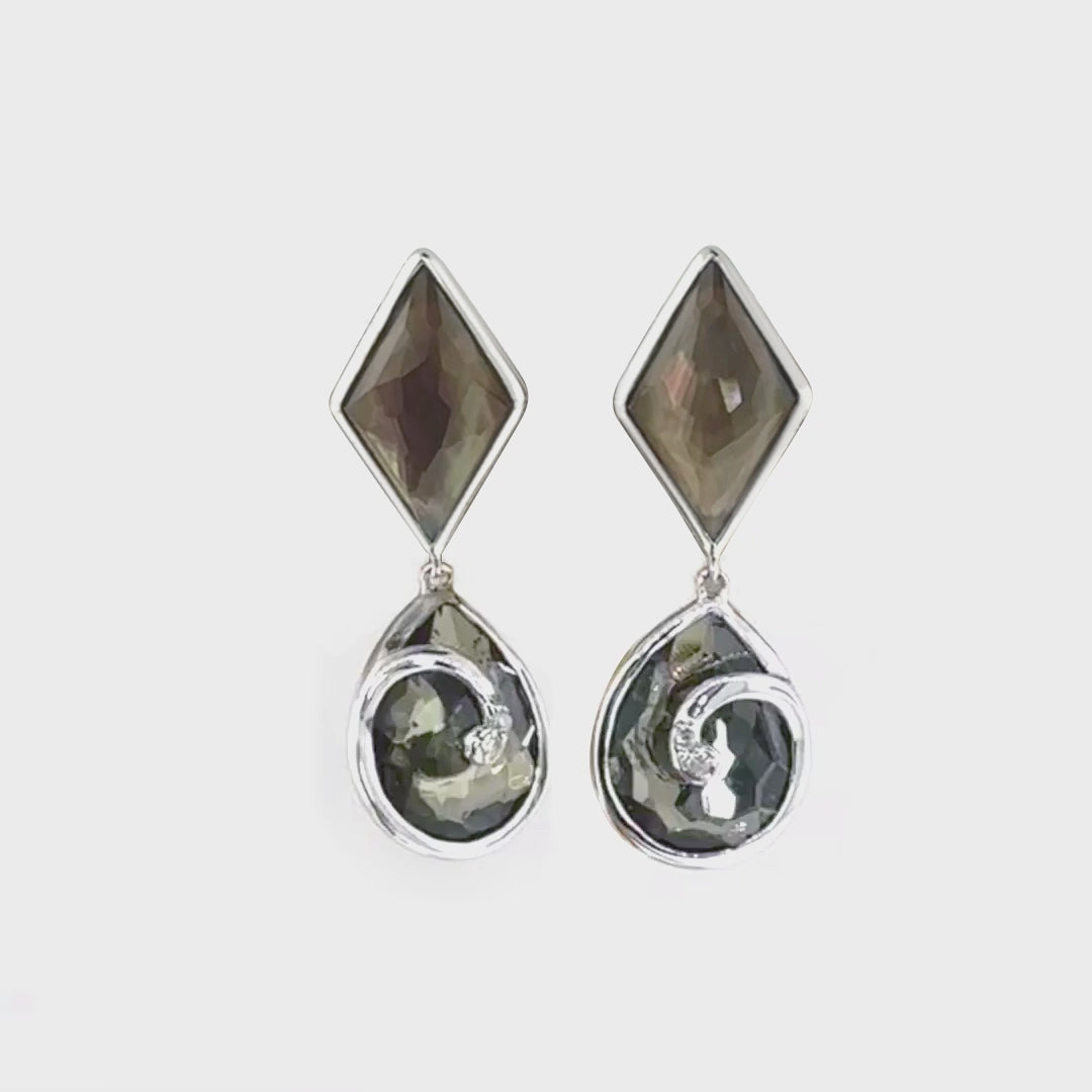 Faceted Smokey Quartz and Diamonds Sterling Silver Drop Earrings Gif 