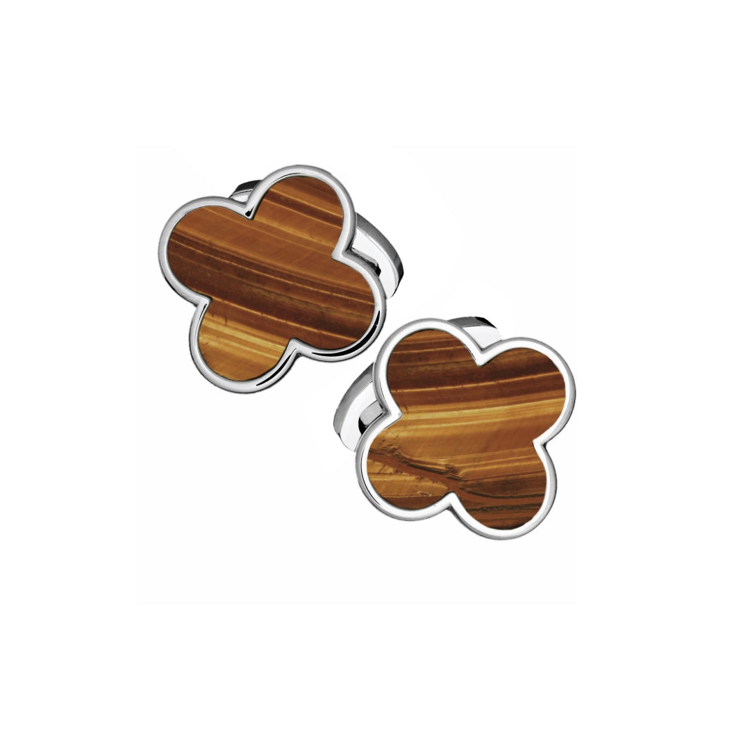 Four Leaf Clover Gemstone and Sterling Silver Cufflinks with tiger's eye inlay  | Jan Leslie Cufflinks and Accessories. 